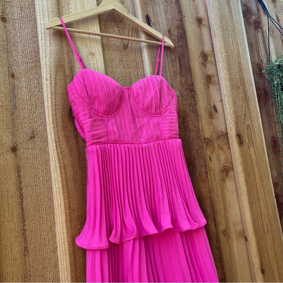 Hot Pink Bustier Pleated Tiered Chiffon Midi Dress 🌿 - Picture 3 of 12